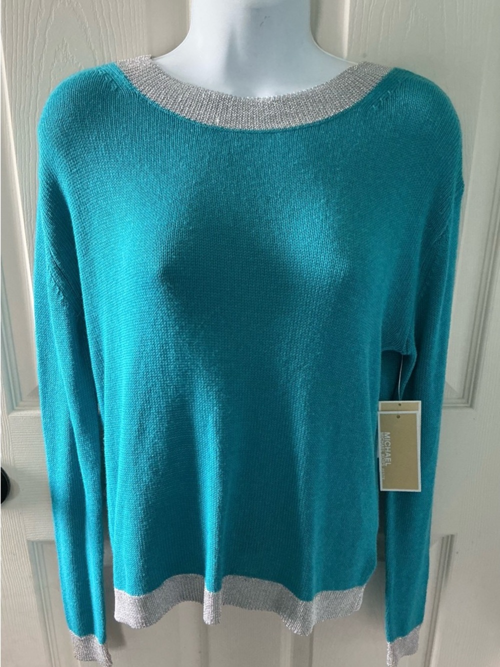 Michael Kors Teal Scoop-Neck Sweater with Silver Trim